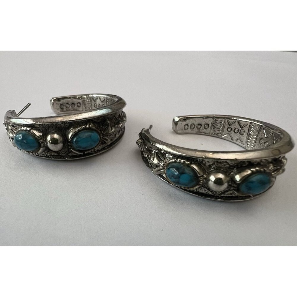 ART Arthur Pepper Turquoise Silver Tone Hoop Earrings Cabochon Boho Southwestern